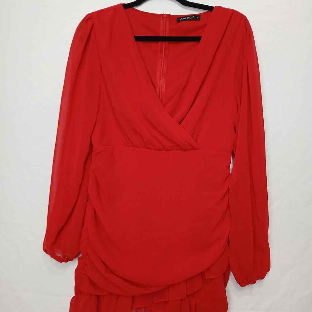 Double Crazy sz Large Ruched mini dress flowy breezy faux wrap balloon sleeve